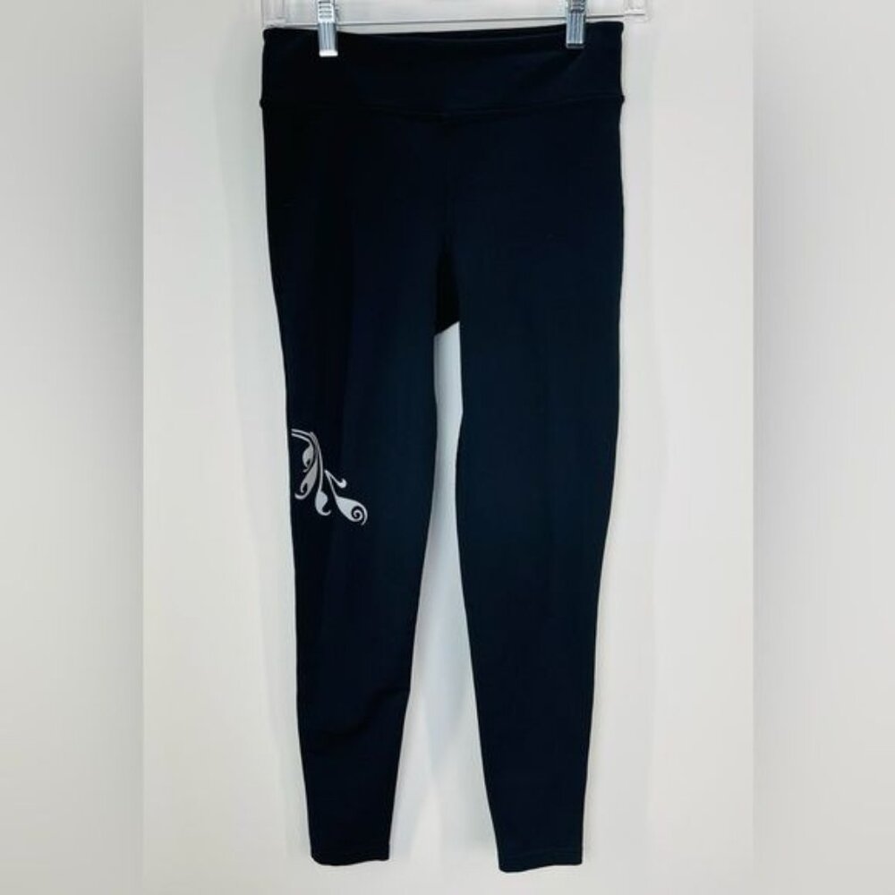 Athleta Black Skinny Leggings Floral Reflective Ruched Mesh Womens Size XS